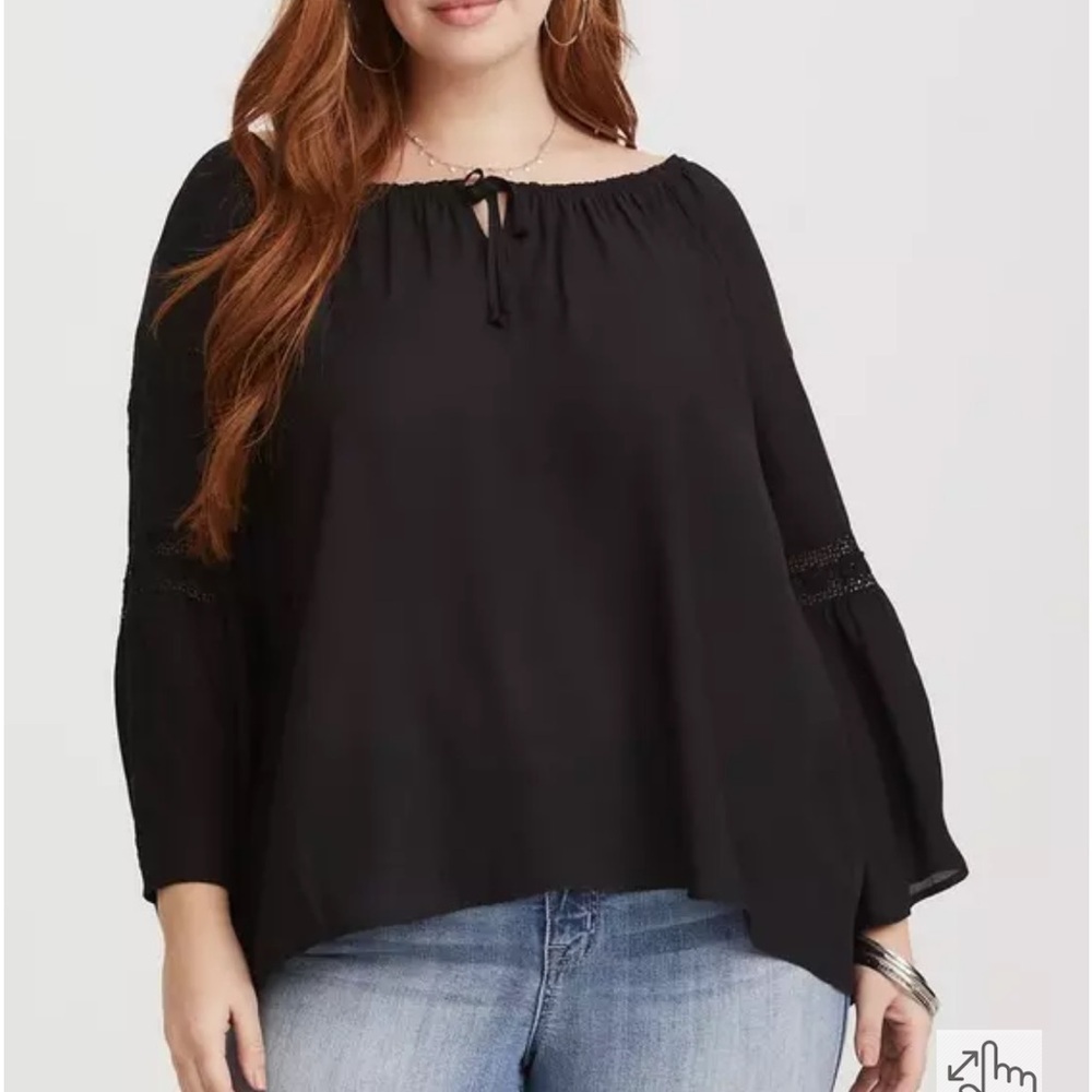 Torrid Black Semi-Sheer Bell Crepe Blouse embroidered accents